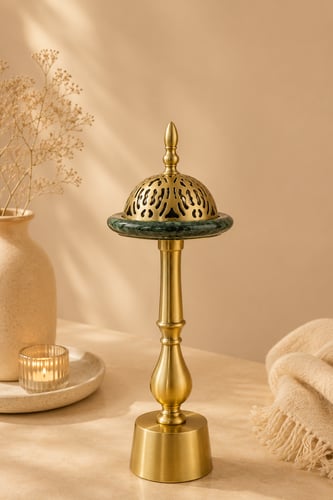 مبخرة الضيافه الملكيه الفاخره ذهبي مطفى مع ماربل اخضر مقاس35*15 سم