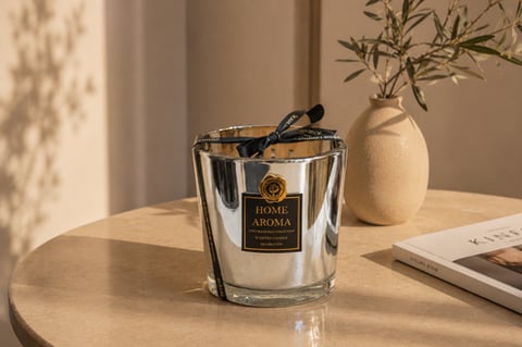 شمعه هوم اروما معطره بزجاجه كروم