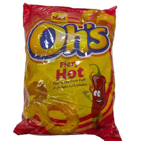 oh’s fiery hot flavoured corn puff nabil 25pcs *12g