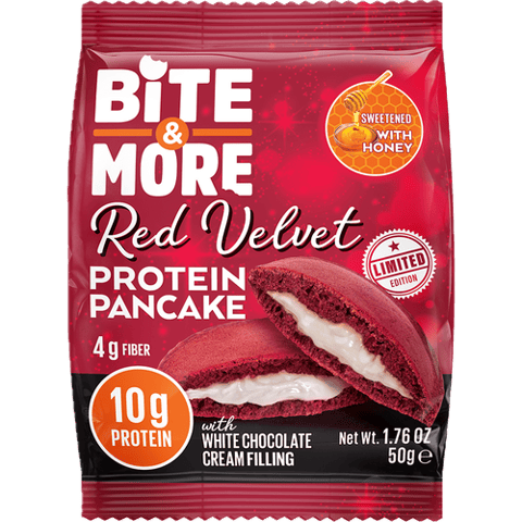 بايت اند مور بروتين بان كيك ريد فيلفيت 50 جم - BITE & MORE PROTEIN PANCAKE RED VELVET 50 GM	