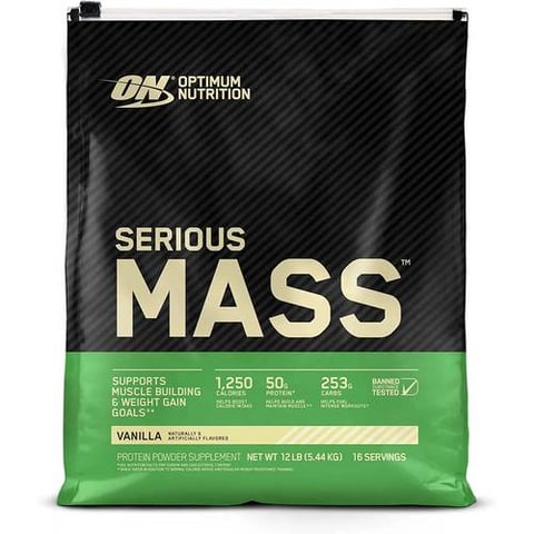Optimum Nutrition (ON)Serious Mass, Weight Gainer Powder, Supports Muscle Building - Vanilla 5.44 kg (12 lbs)