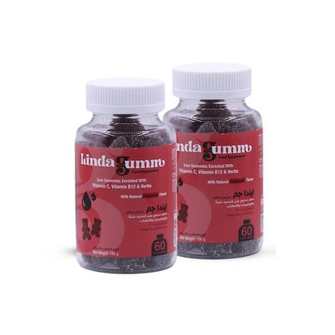 عبوتين من ليندا جم الحديد مع حمض الفوليك وفيتامينات –نكهة الاناناس – 60 علكة - Pack of 2 Lindagum – Iron Fumarate with Folic Acid & Vitamins – Pineapple Flavor – 60 Gummies
