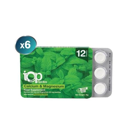  6 عبوات توب كالسيوم ومغنيسيوم 12 قطعة للمضغ نكهة النعناع - Pack of 6 Top Calcium & Magnesium 12 Chewable Tablets  Mint Flavor