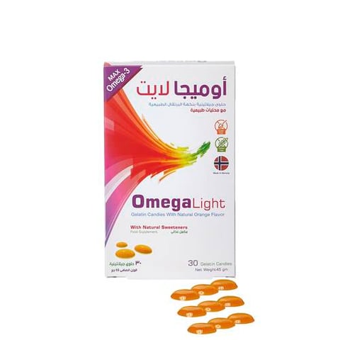 أوميغا لايت أوميغا 3 زيت السمك 0.6 جم نكهة البرتقال 30 قطعة - Omega Light Omega 3 with Fish Oil 0.6g Orange Flavor 30 Gummies
