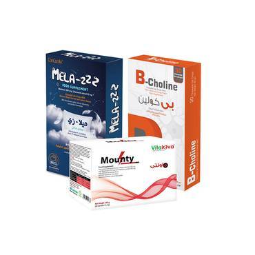 بكج النوم  (ميلا زي 30 قطعة قابلة للمضغ -ماونتي 20 كيس - بي كولين 30 قطعة قابلة للمضغ)-Sleep Package (Mela z30 Chewable Drops-Mounty 20 Satches- B Choline30 Chewable Drops)