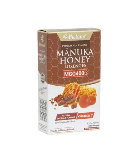 مييلاند اقراص عسل المانوكا وفيتامين سي والعكبر تركيز 400 (15 حبه)-MIELAND MANUKA HONEY, NATURAL PROPOLIS +VITAMIN C 15 LOZENGES MGO 400+ 69GM