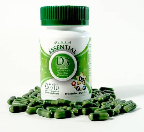 اسنشيال مكمل غذائي  فيتامين د3 5000 وحدة دولية - 60 كبسولة-Essential Vitamin D3 5000 IU Dietary Supplement - 60 Capsules