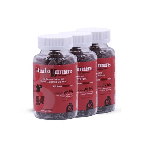 3 عبوات من ليندا جم الحديد مع حمض الفوليك وفيتامينات –نكهة الاناناس – 60 علكة - Pack of 3 Lindagum – Iron Fumarate with Folic Acid & Vitamins – Pineapple Flavor – 60 Gummies