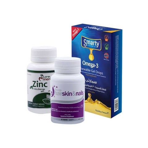 بكج برنامج جديلة شهر (هير سكن أند نيلز – زنك – سمارتي) Jadeela 1 Month Program  Package (HSN – Zinc – Smarty)
