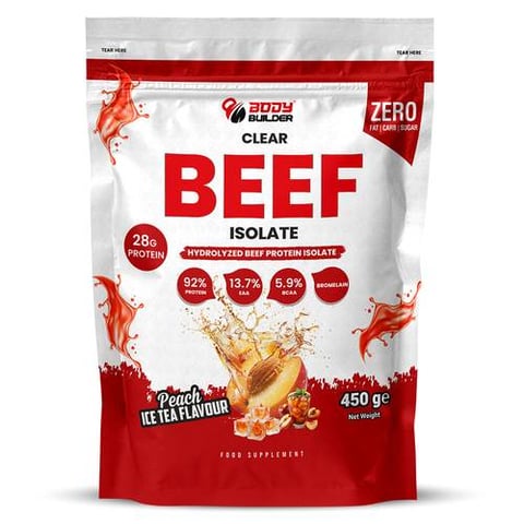 بودي بيلدر كلير بيف ايزوليت بنكهة الخوخ و الشاي المثلج 450 جم - BODY BUILDER CLEAR BEEF ISOLATE PEAH AND IE TEA FLAVOUR 450GM