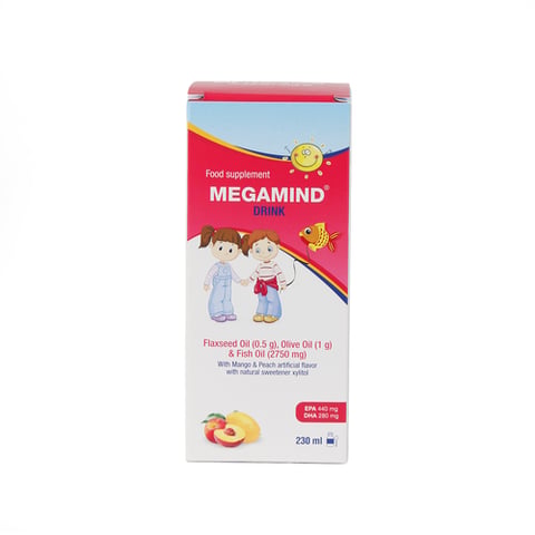 Megamind Drink Fish Oil 2.75 g, Olive Oil 1 g and Flaxseed Oil Mango and Peach Flavor 230 ml Syrup