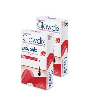 عبوتين من جلوديكس قطع  جيلاتينية قابلة للمضغ بنكهة الفراولة 30 قطعة- pack of Two Glowdix Chewable Gelatins, Strawberry Flavor, 30 Pieces