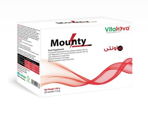 Mounty Magnesium 310 mg Potassium 400 mg and Ginseng 100 mg Red Orange Flavor 20 Sachets