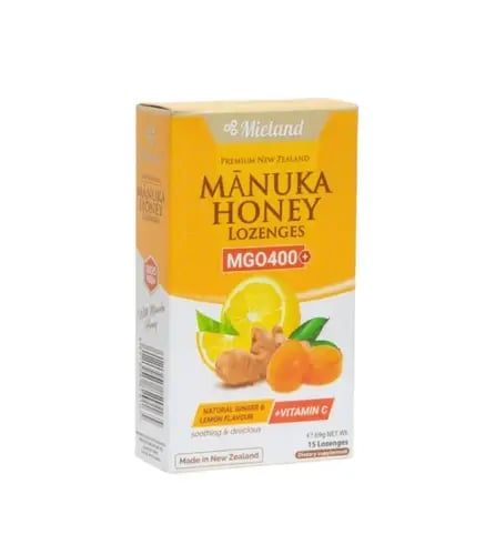 مييلاند اقراص عسل المانوكا بالزنجبيل والليمون تركيز 400 (15 حبه)-MIELAND MANUKA HONEY, LEMON, GINGER +VITAMIN C 15 LOZENGES MGO 400+ 69GM