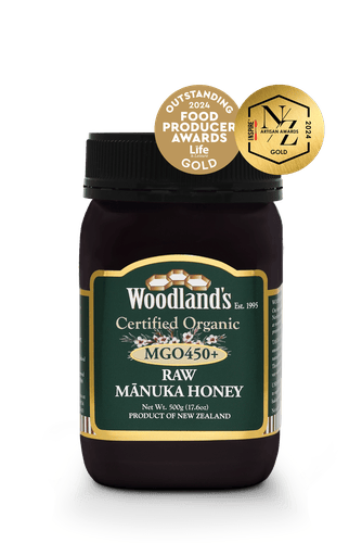 عسل مانوكا العضوي الخام من وودلاند، تركيز MGO450+ 250 جم - Woodland's Mānuka Honey MGO450 + Organic Raw 250g