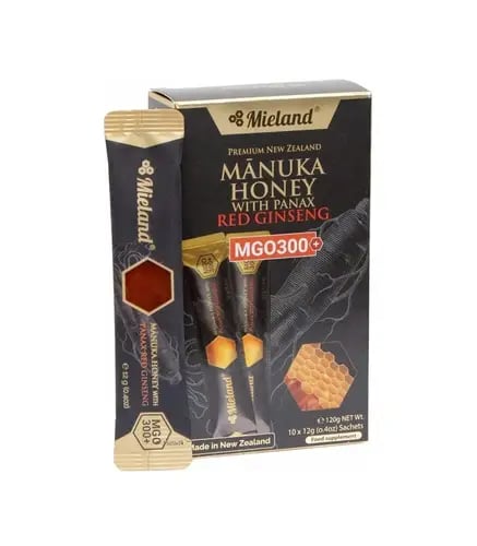 مييلاند أكياس عسل المانوكا 300MGO بالجينسنج  -MIELAND MANUKA HONEY WITH PANAX RED GINSENG MGO 300+, 10x12G (0.4OZ)SACHET