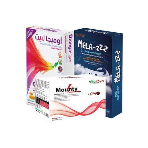 بكج النوم الصحي (ميلا زي 30 قطعة قابلة للمضغ – ماونتي 20 كيس – أوميغا لايت 30 قطعة قابلة للمضغ) 