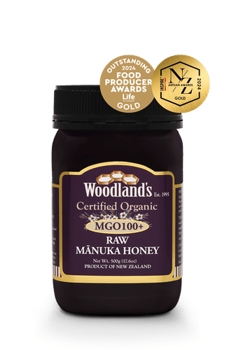 عسل مانوكا العضوي الخام من وودلاند، تركيز MGO100+ 250جم - Woodland's Mānuka Honey MGO100+ Organic Raw 250g