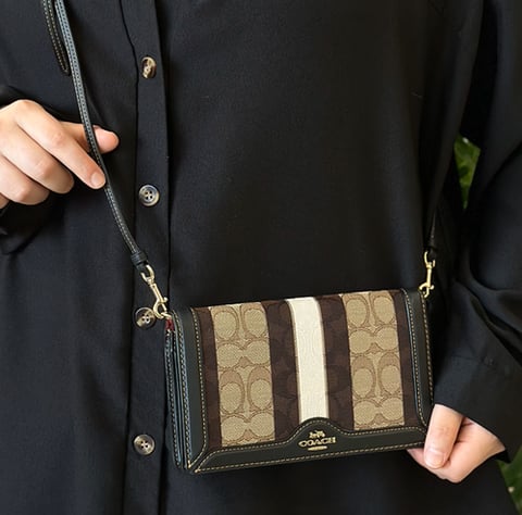 Coach Anna Foldover Clutch Crossbody In Signature Jacquard With Stripes Khaki / Black multi 