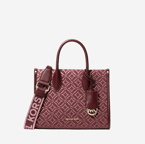 Michael Kors Mirella Small Metallic Logo Jacquard Crossbody Bag Oxblood Multi