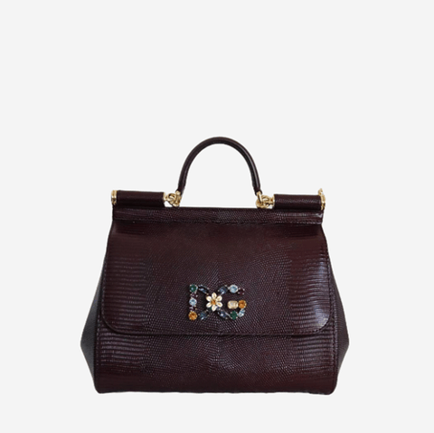 Dolce and Gabbana Sicily Iguana-Embossed Calfskin Handbag With DG MED Burgundy