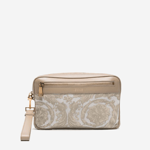 Versace Pouch Fabric Jacquard Calf Leather Beige