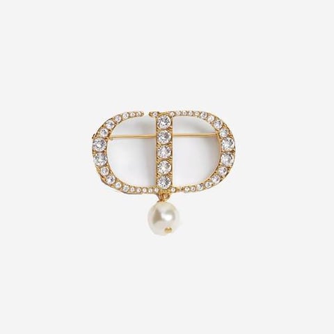 Dior Petit CD Brooch Gold-Finish Metal with a White Resin Pearl and Silver-Tone Crystal