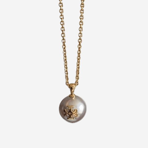 Tory Burch Logo White Pearl Chain Necklace