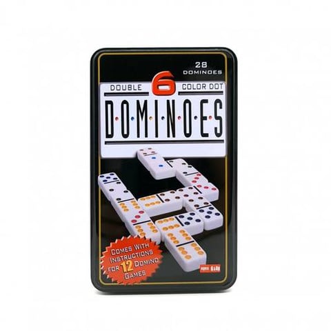 Large colored plastic domino game in a tin box