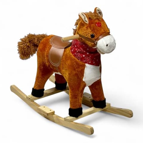 Small plush rocking horse with wooden base – ride-on horse toy for kids
