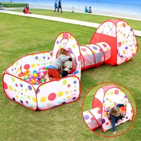 Two large children's tents with a tunnel and durable fabric, comes with 100 colorful balls