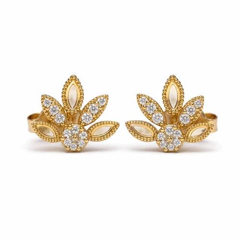 21K Gold Earrings - Leaf Cluster Design with Zircon