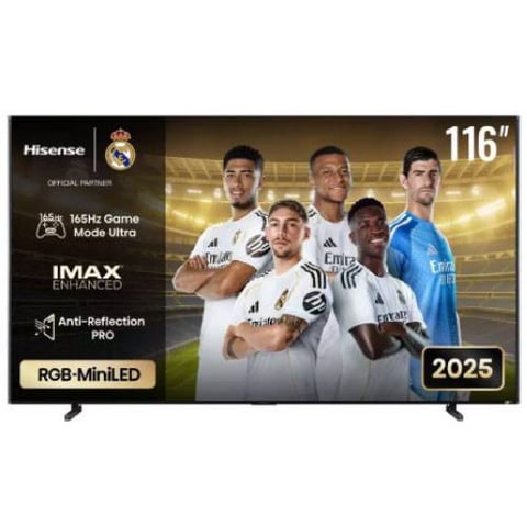 شاشة هايسنس 116 بوصة  4K - نظام فيدا - RGB Mini LED X ميني لد معدل التحديث من 165 هرتز الى 288 هرتز - دولبي فيجين - دولبي اتومس - WI-FI 6E - موديل 116UX