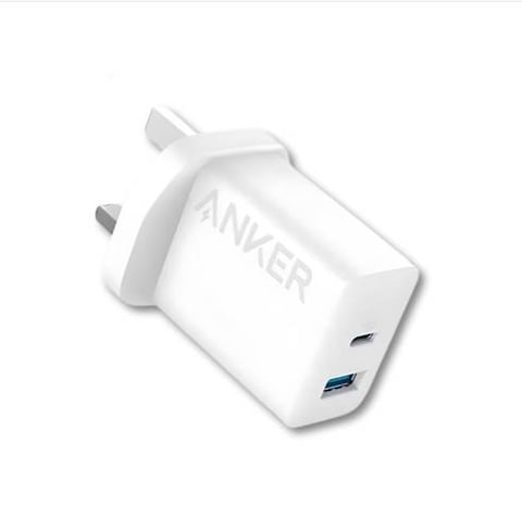 أنكر - شاحن جداري 20 واط - منفذ Type - C و USB - لون أبيض
