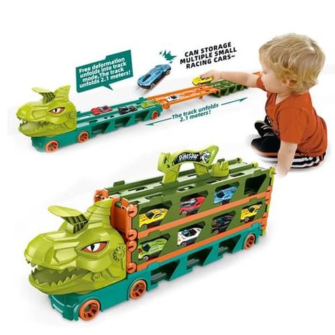 Transforming Dinosaur Truck Into A Car Carrier And Race Track - Cars