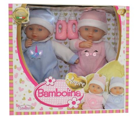 Bambolina Amore Twins Doll with 2 Bottles 28CM - For Ages 2+ Years Old