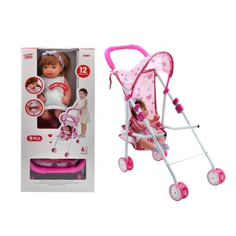 Baby doll with stroller and childcare accessories