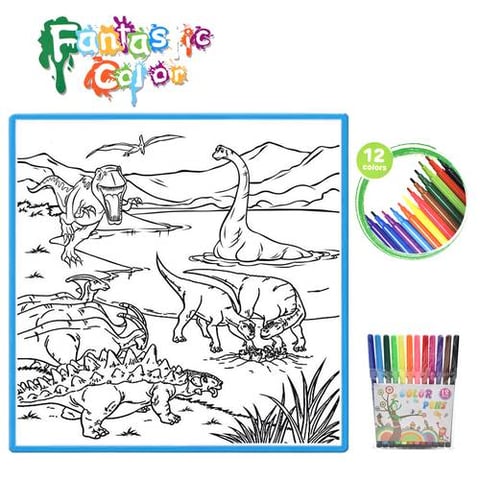 Washable coloring mat with dinosaur world design and 12 pens - drawing and coloring toys