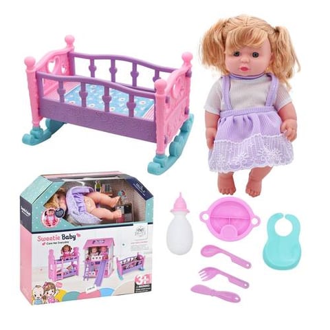 Baby Doll Set With Rocking Bed And Feeding Accessories - Dolls & Accessories