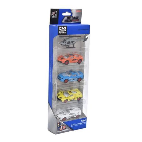 5-Piece Diecast Vehicle Set Including Cars And A Helicopter - Miniature Cars