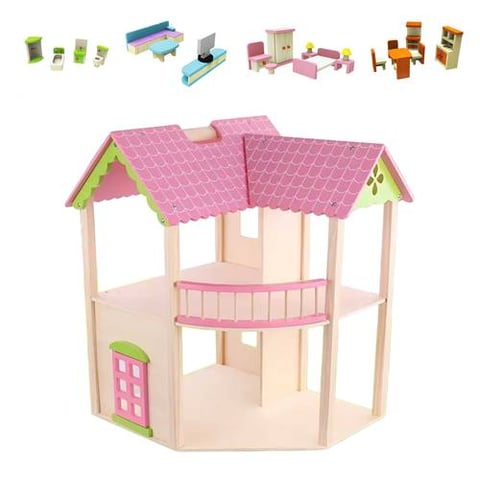 Pink Wooden Dollhouse With Furniture Set - Wooden Toys