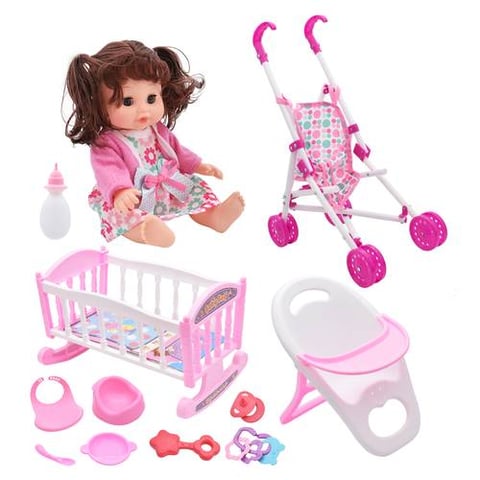 Dollhouse Set With Stroller, Bed, Dining Chair And Accessories - Doll Toys