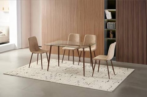 طاولة طعام مستطيلة بني سطح زجاج 4+1
