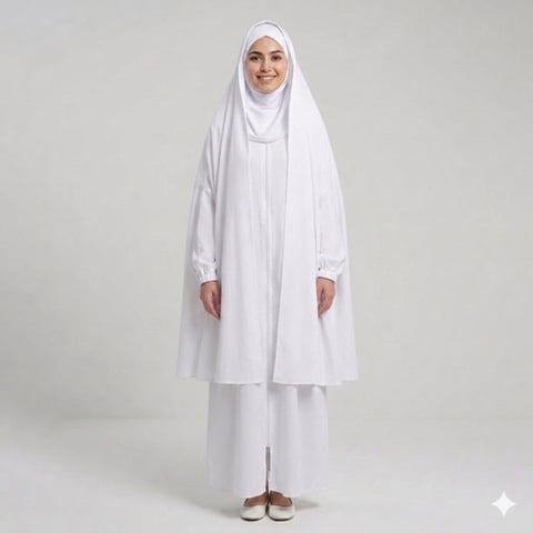 عباية الحج والعمرة بثلاث قطع ( عباية كتف مغلقة بسحاب مع شادر بمطاط مع طرحة)