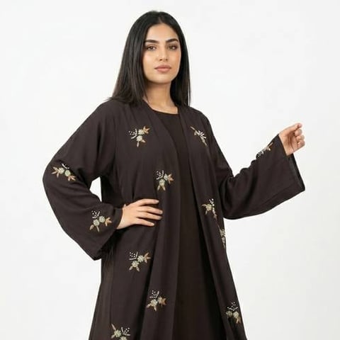 عباية لف بنية بتطريز زهري متفرق