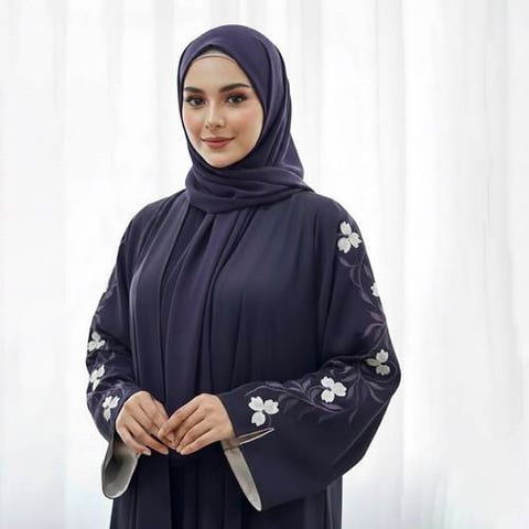 عباية باللون البنفسجي الداكن موديل كلوش بتطريز ناعم على الأكمام