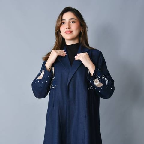 عباية بتصميم بليزر غير مبطن بقماش الينن-كحلي