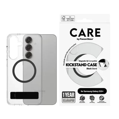 جراب CARE™ من PanzerGlass® شفاف مع مسند أسود وحامل لاسلكي متوافق مع سامسونج جالاكسي S25+
