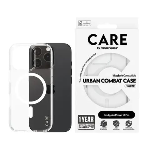جراب CARE™ من PanzerGlass® Urban Combat الشفاف مع MagSafe أبيض لهاتف iPhone 16 Pro