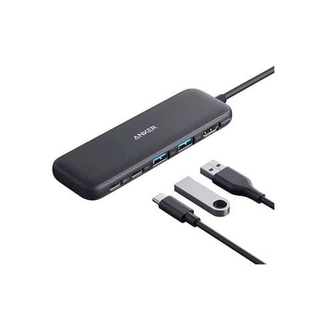 أنكر موزع متعدد المنافذ 5 في 1 منفذين USB-A , منفذ USB-C , منفذ HDMI , منفذ PD IN - رمادي